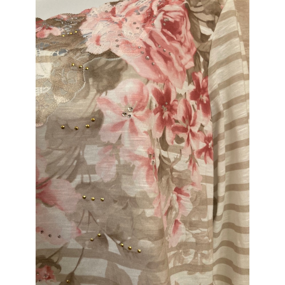 Alfred Dunner Women's M Beige Stripe Floral Print Rhinestone Lace Top - Picture 3 of 10